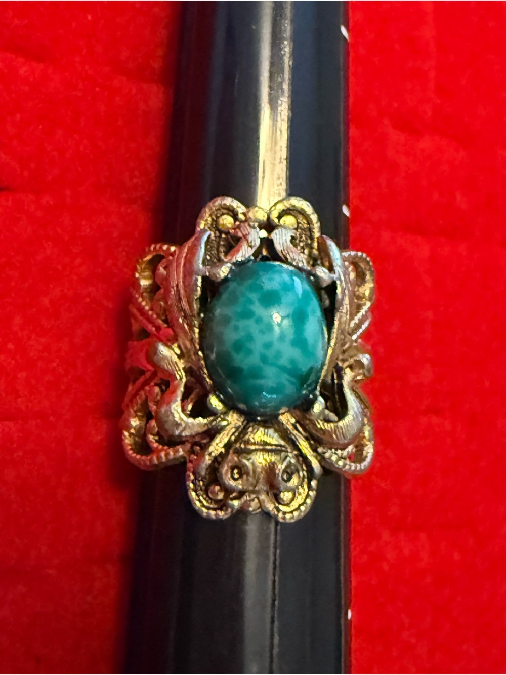 Vintage Style Gold Filigree Ring with Blue-Green Stone
